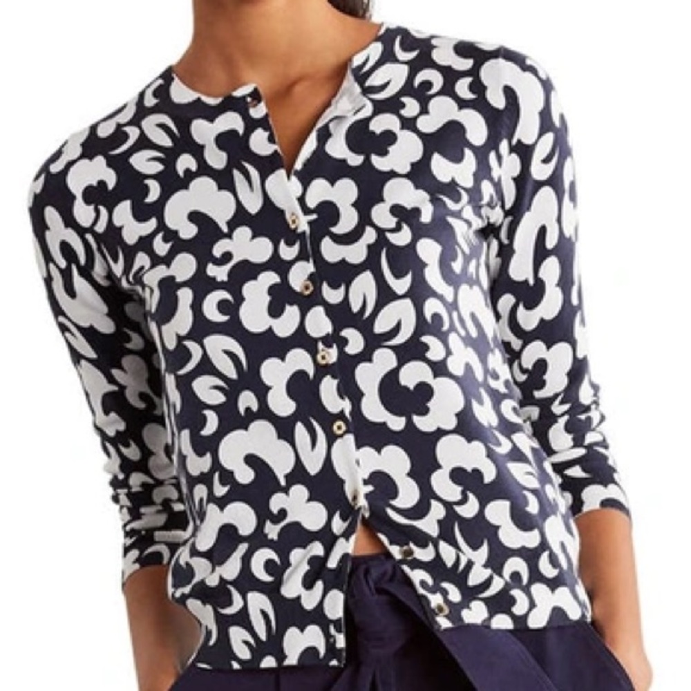 Boden Navy and White Floral Cardigan